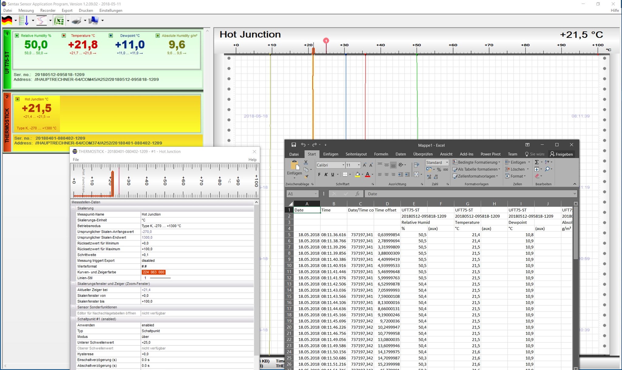 Sentax Software, Sensorenwerte und Ausgabe in Excel